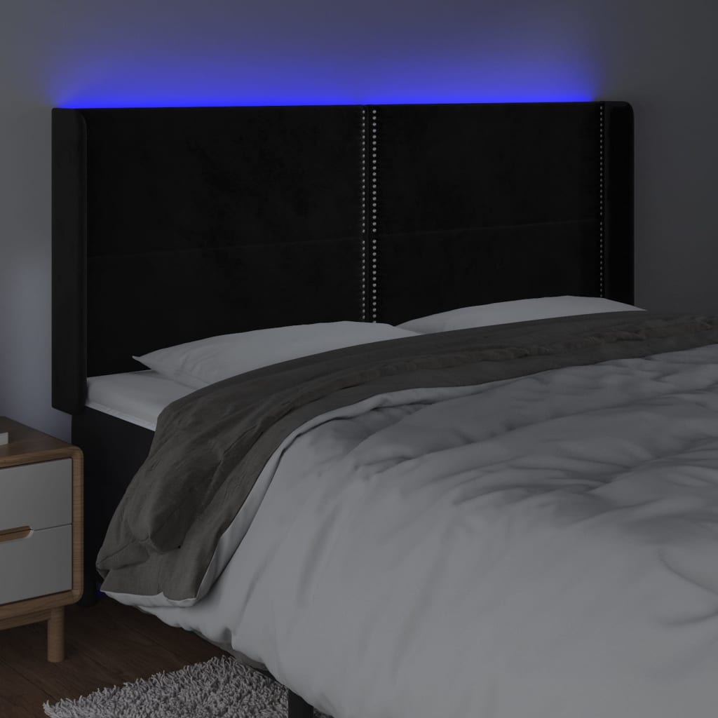 vidaXL Cabeceira de cama c/ luzes LED veludo 203x16x118/128 cm preto