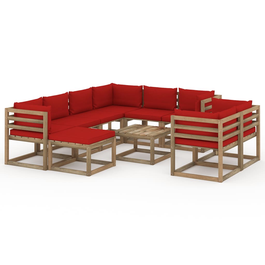 vidaXL 10 pcs conjunto lounge para jardim com almofadões vermelhos
