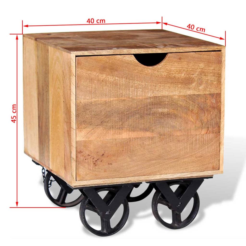 vidaXL Mesa apoio c/ gaveta e rodas, madeira de mangueira, 40x40x45cm