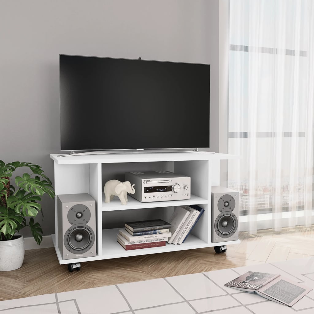 vidaXL Móvel de TV com rodas 80x40x45 cm deriv.madeira branco