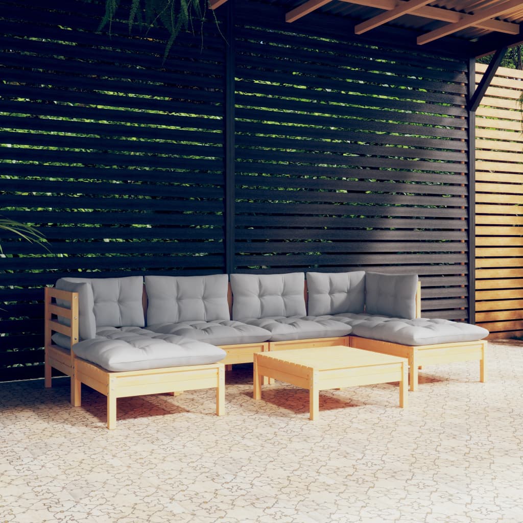 vidaXL 7 pcs conjunto lounge de jardim c/ almofadões cinzentos pinho