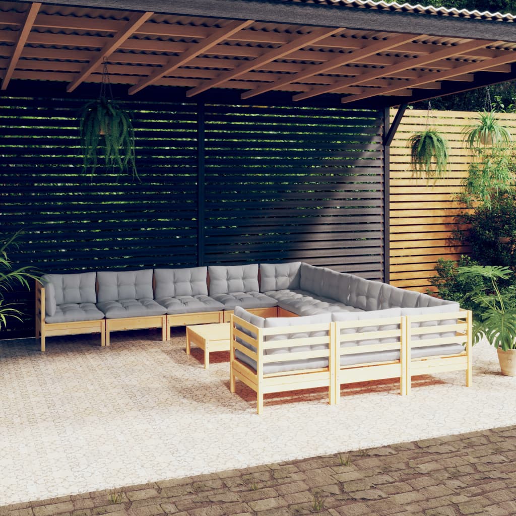 vidaXL 12 pcs conjunto lounge de jardim c/ almofadões cinza pinho