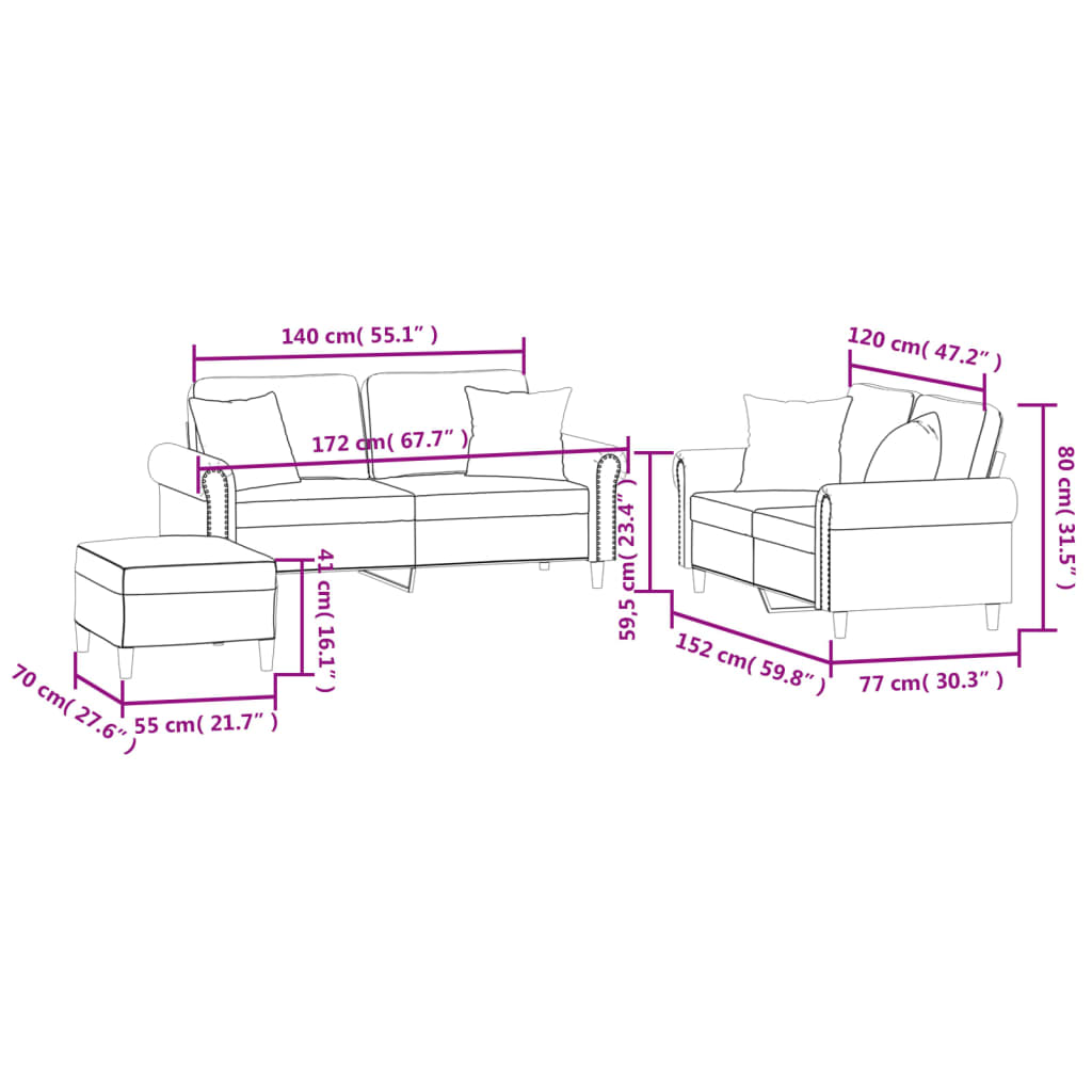 vidaXL 3 pcs conjunto de sofás com almofadas veludo cinzento-claro