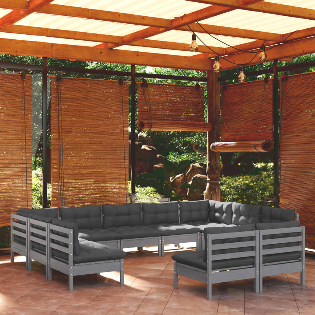 vidaXL 11pcs conjunto lounge de jardim + almofadões pinho maciço cinza