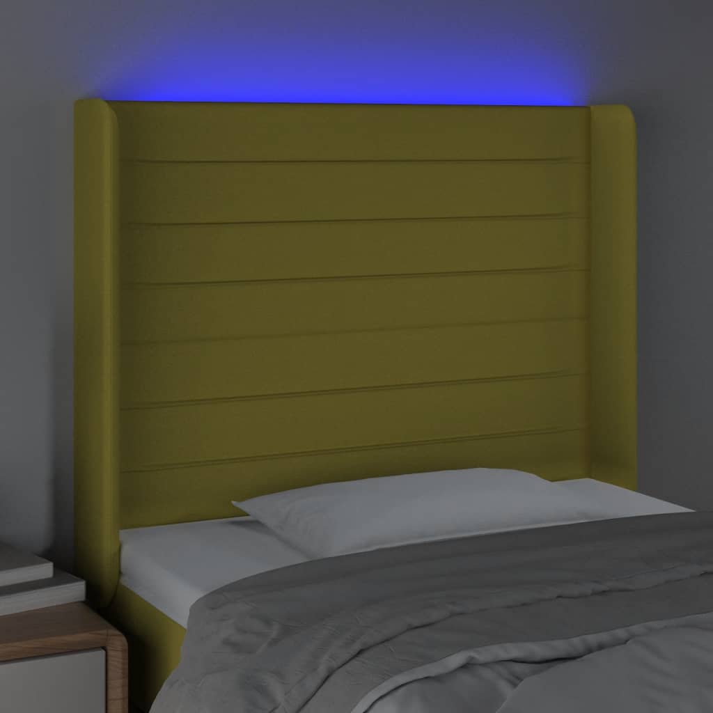 vidaXL Cabeceira de cama c/ luzes LED tecido 83x16x118/128 cm verde