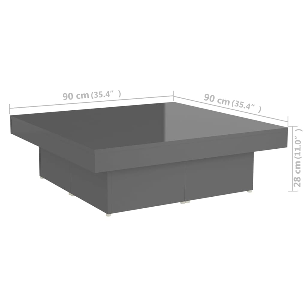 vidaXL Mesa de centro 90x90x28 cm contraplacado cinzento brilhante