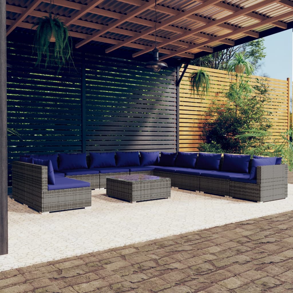 vidaXL 12 pcs conjunto lounge de jardim c/ almofadões vime PE cinzento