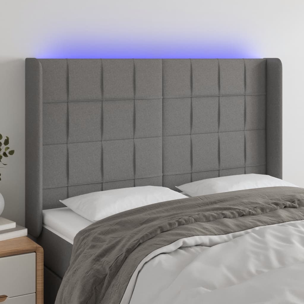vidaXL Cabeceira de cama c/ LED tecido 147x16x118/128 cm cinza-escuro