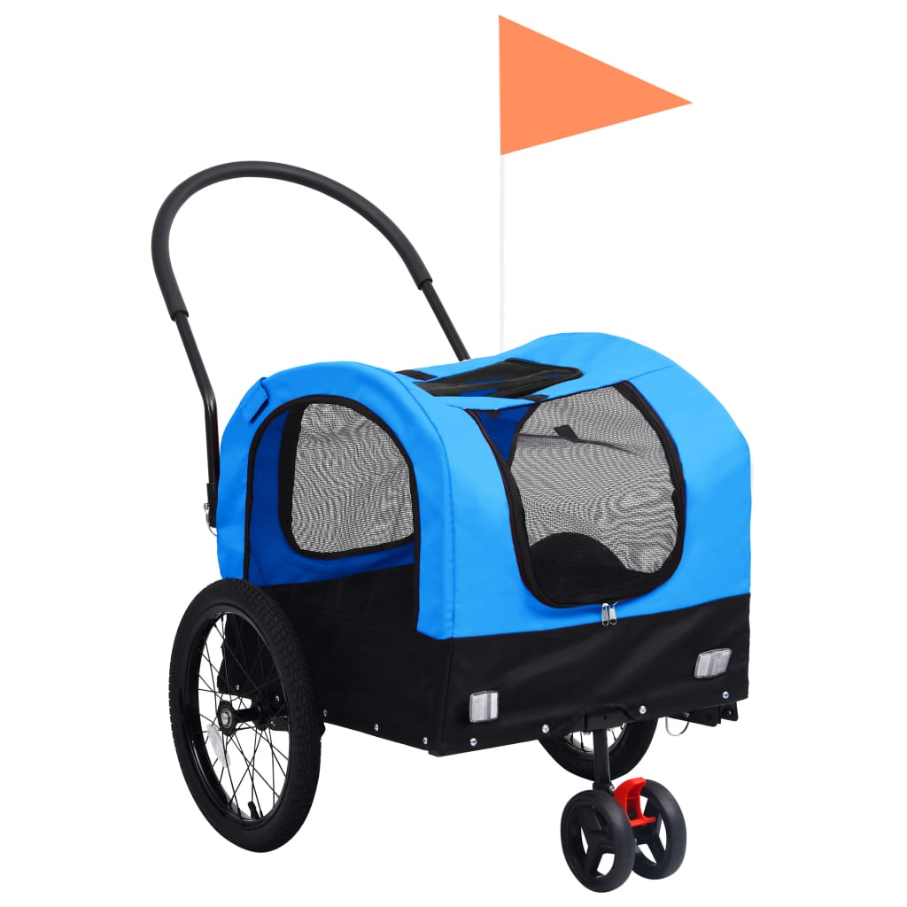 vidaXL Reboque bicicletas/carrinho para animais 2-em-1 azul/preto