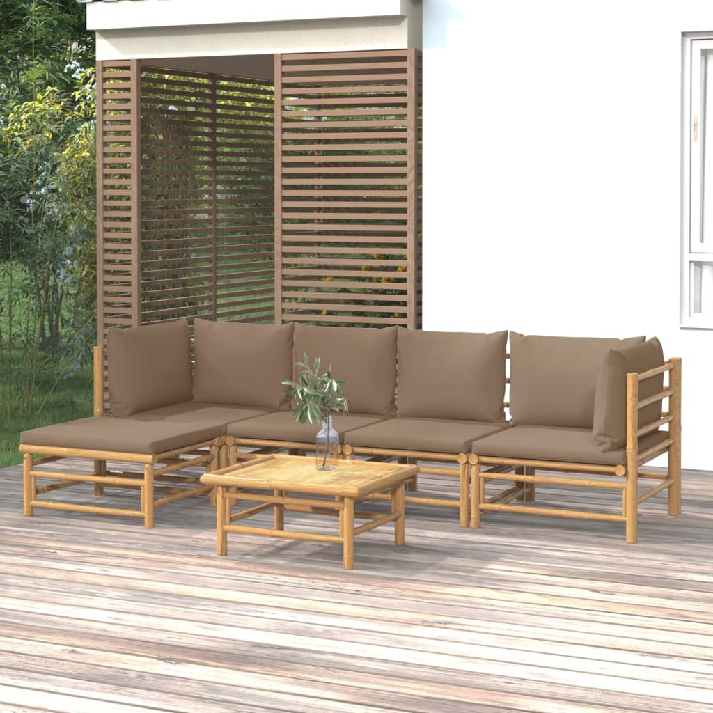 vidaXL 6 pcs conj. lounge jardim bambu almofadões cinzento-acastanhado