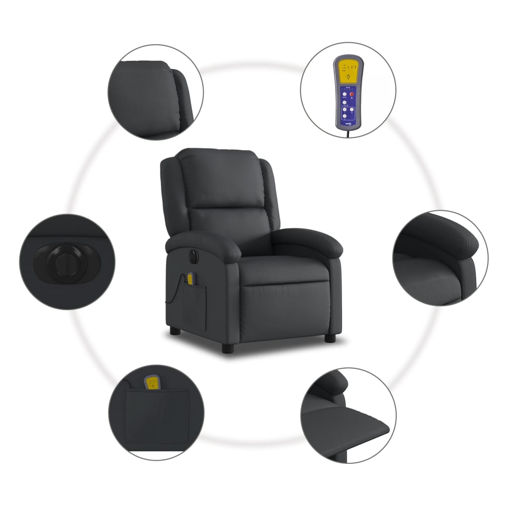 vidaXL Poltrona de massagens reclinável elétrica couro genuíno preto