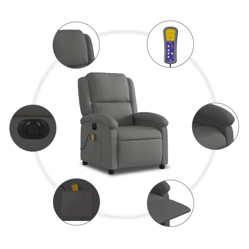 vidaXL Poltrona de massagens reclinável elétrica couro genuíno cinza