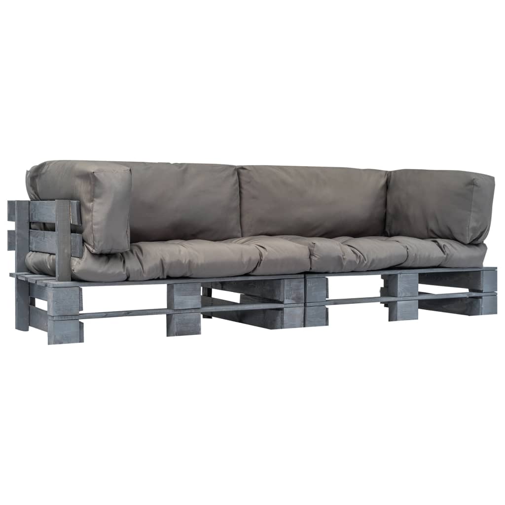 vidaXL Conj. sofá de paletes 2 pcs com almofadões cinzentos pinho