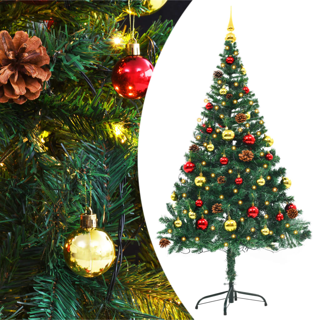 vidaXL Árvore de Natal artificial pré-iluminada + enfeites 150cm verde