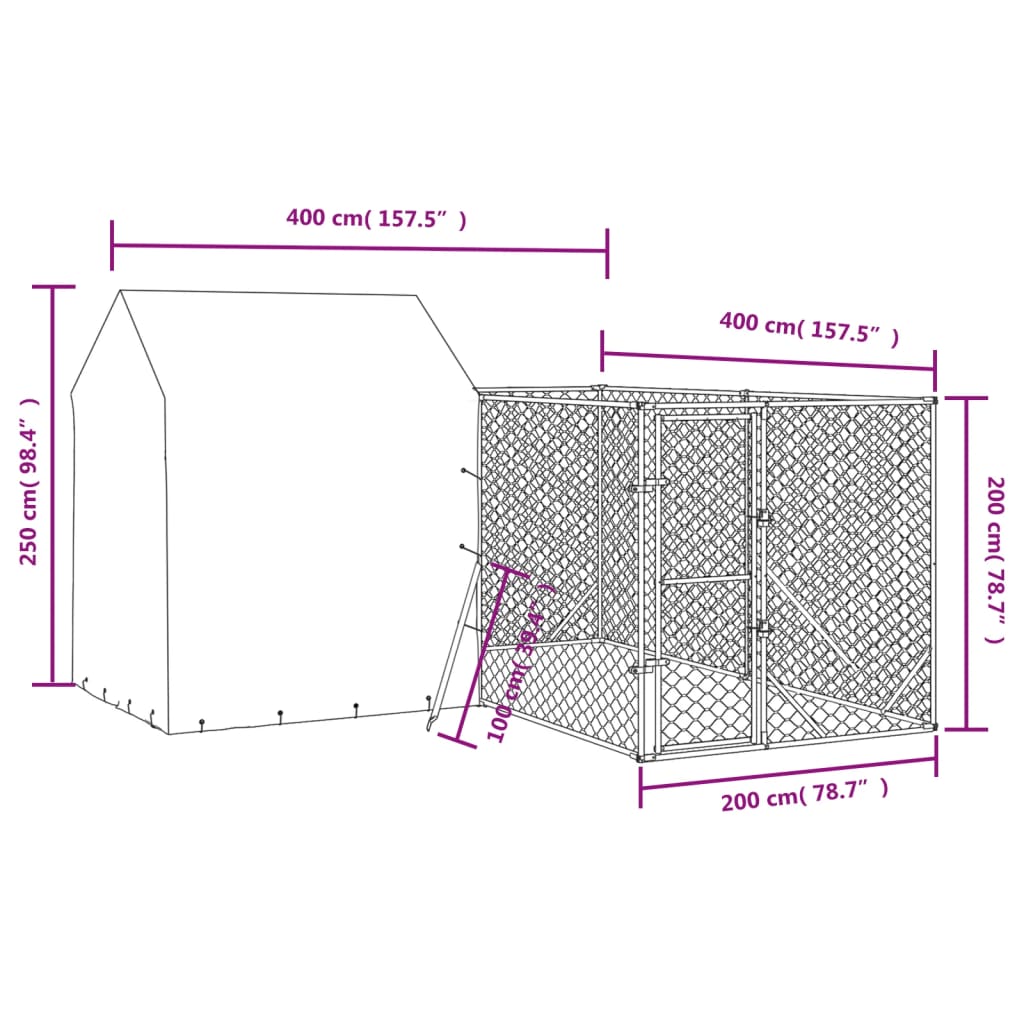 vidaXL Canil de exterior com teto 4x4x2,5 m aço galvanizado prateado