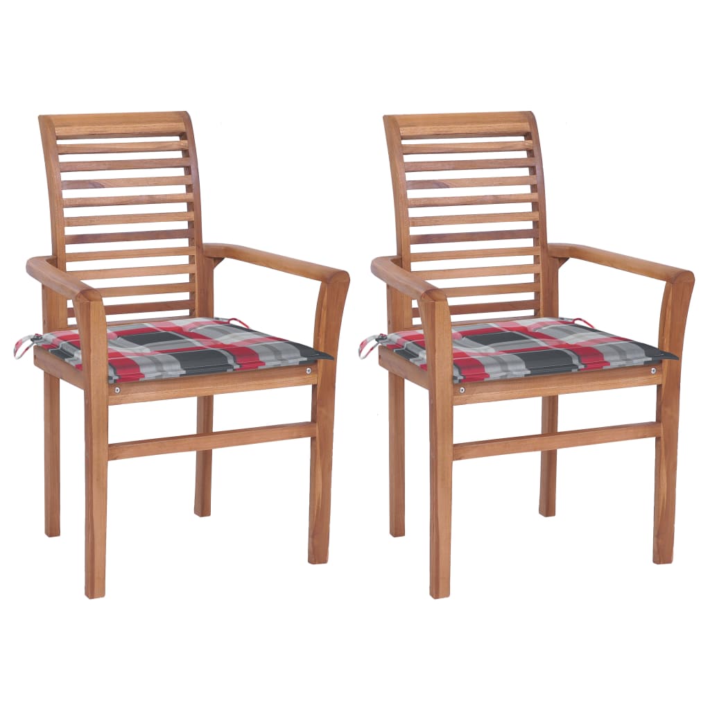 vidaXL Cadeiras jantar c/ almofadões xadrez vermelho 2 pcs teca maciça
