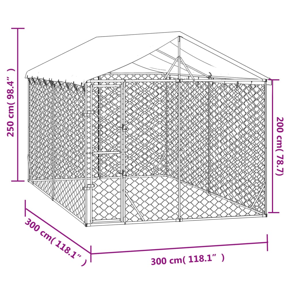 vidaXL Canil de exterior com teto 3x3x2,5 m aço galvanizado prateado