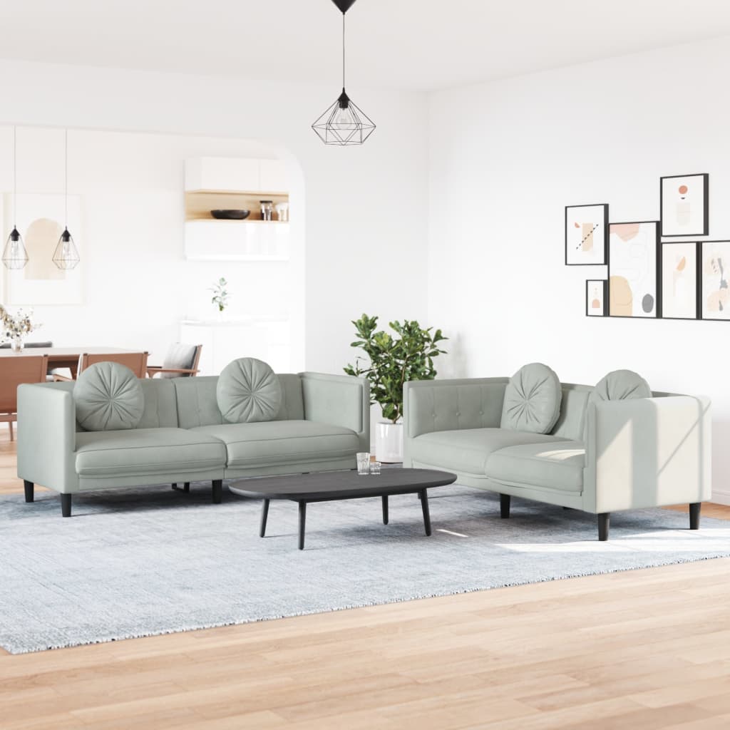 vidaXL 2 pcs conjunto de sofás com almofadas veludo cinzento-claro