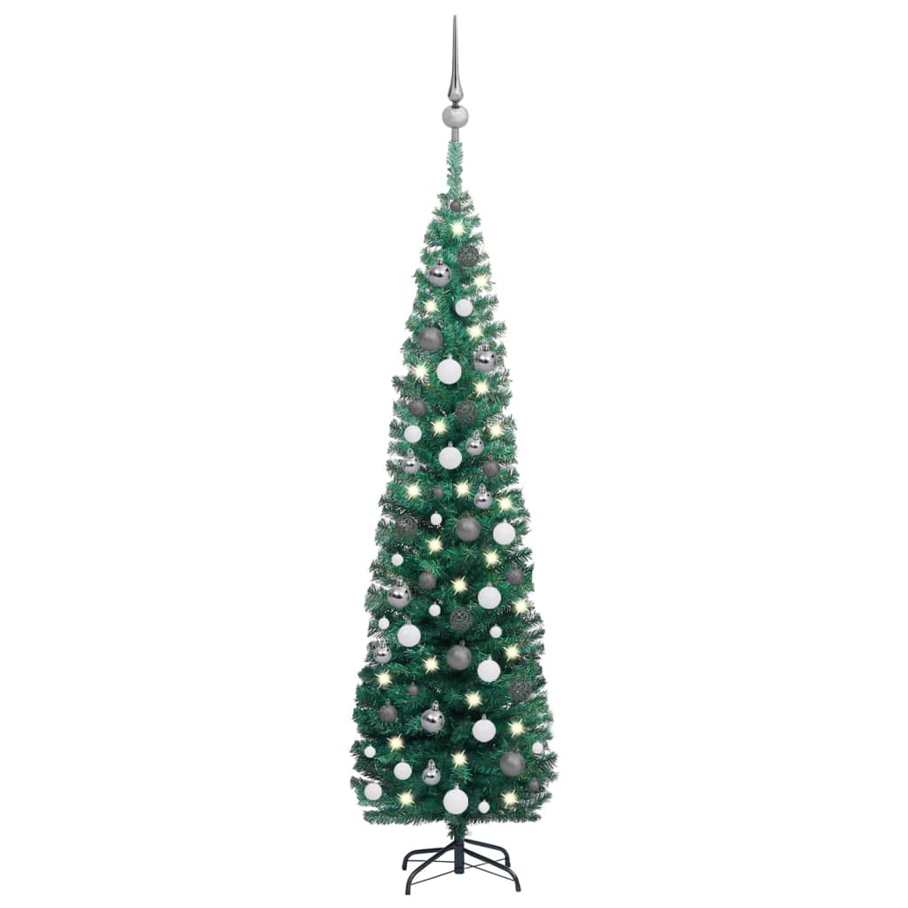 vidaXL Árvore Natal artificial fina pré-iluminada c/ bolas 180cm verde