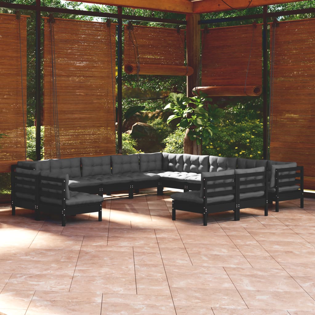 vidaXL 13 pcs conjunto lounge jardim c/ almofadões pinho maciço preto