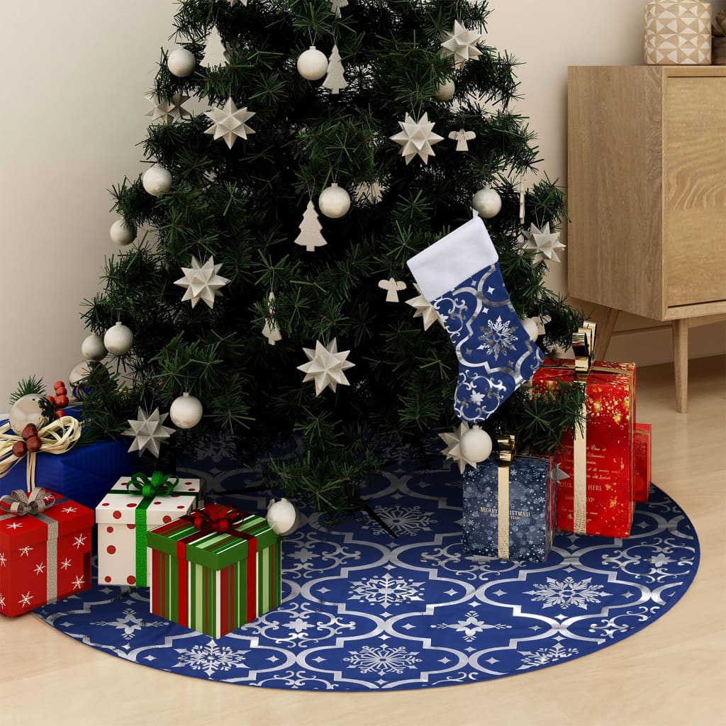 vidaXL Saia de árvore de Natal luxuosa 90 cm com meia tecido azul