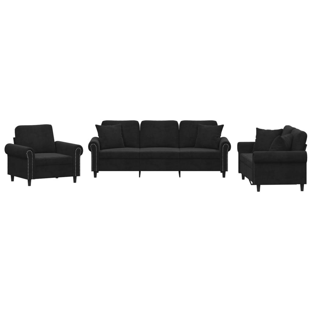 vidaXL 3 pcs conjunto de sofás com almofadas veludo preto