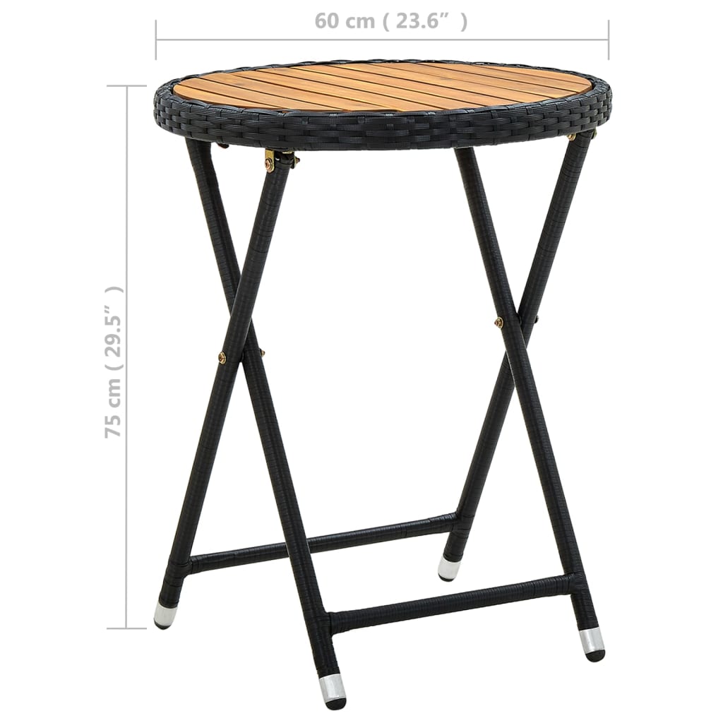 vidaXL Mesa de chá 60 cm vime PE e madeira de acácia maciça preto