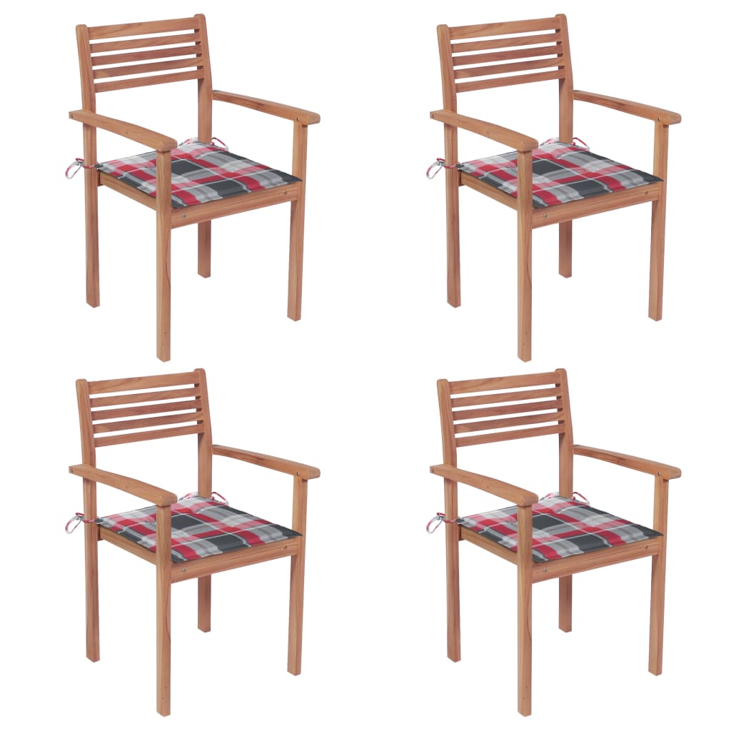 vidaXL Cadeiras jardim c/ almofadões xadrez vermelho 4 pcs teca maciça