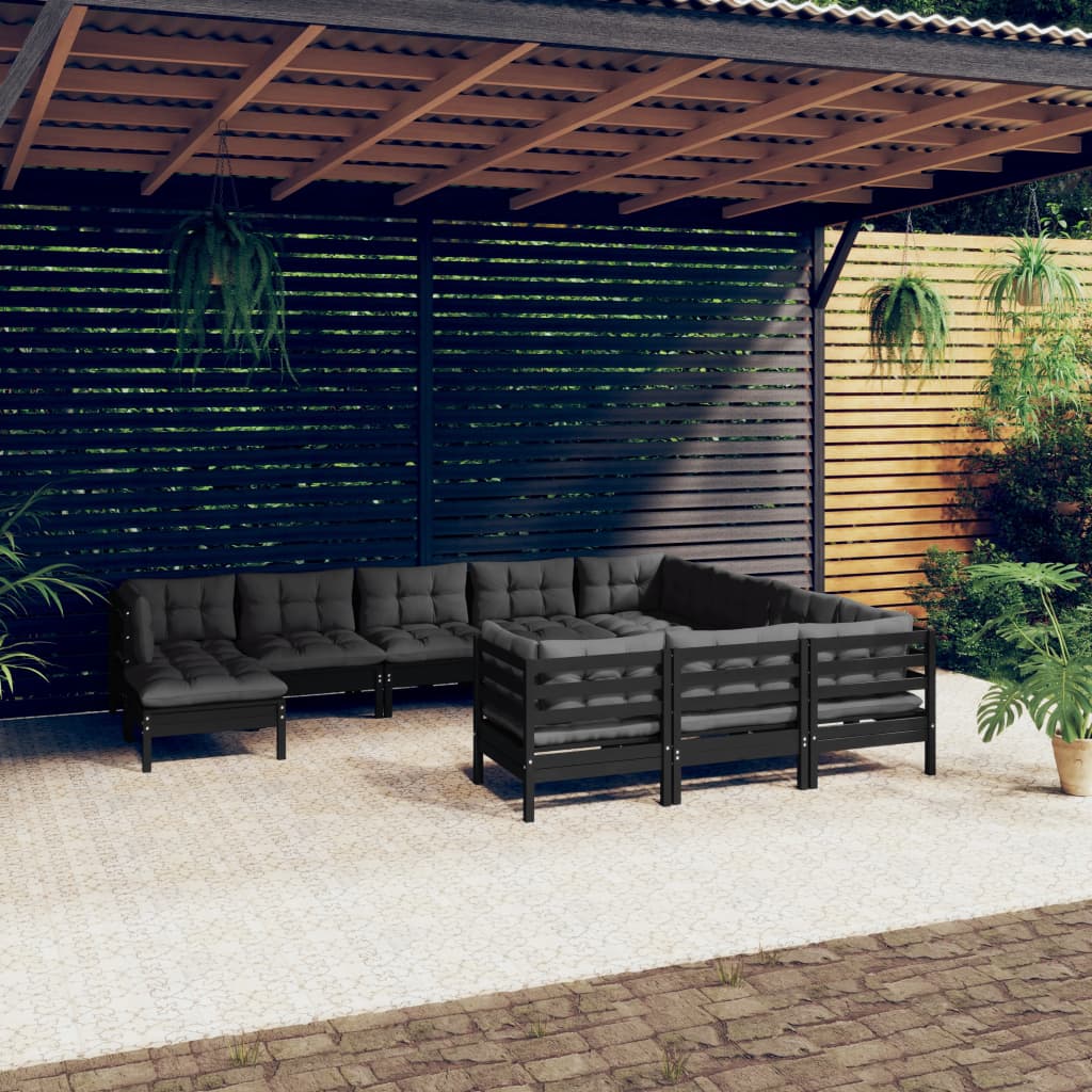 vidaXL 11 pcs conjunto lounge de jardim c/ almofadões pinho preto