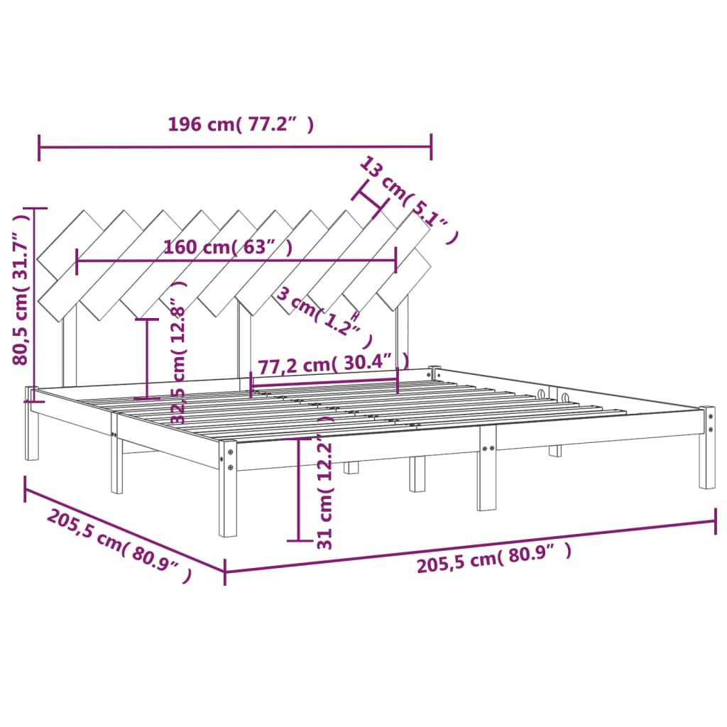 vidaXL Estrutura de cama 200x200 cm preto madeira maciça