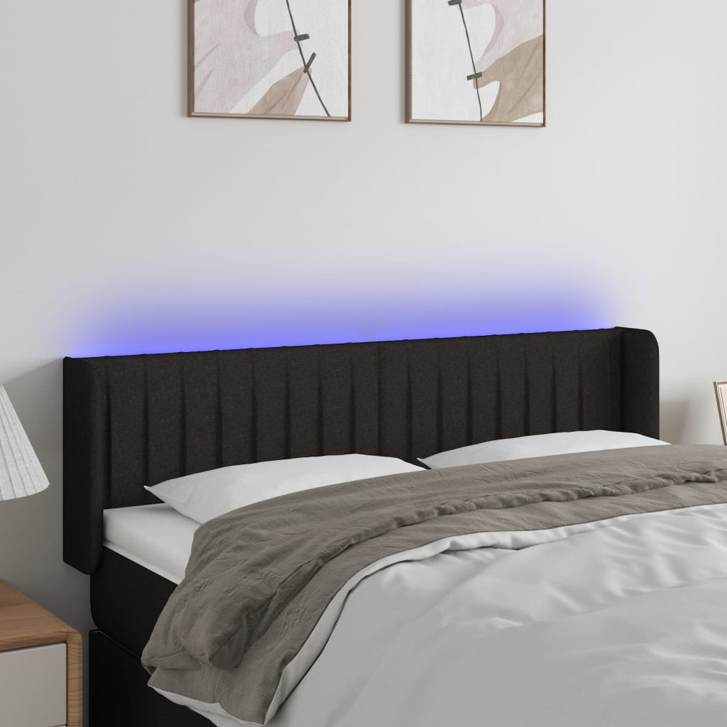 vidaXL Cabeceira de cama c/ luzes LED tecido 147x16x78/88 cm preto