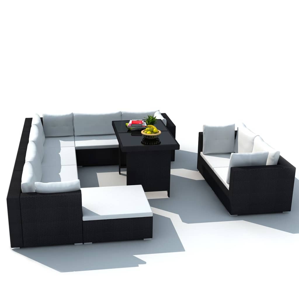 vidaXL 10 pcs conjunto lounge de jardim c/ almofadões vime PE preto