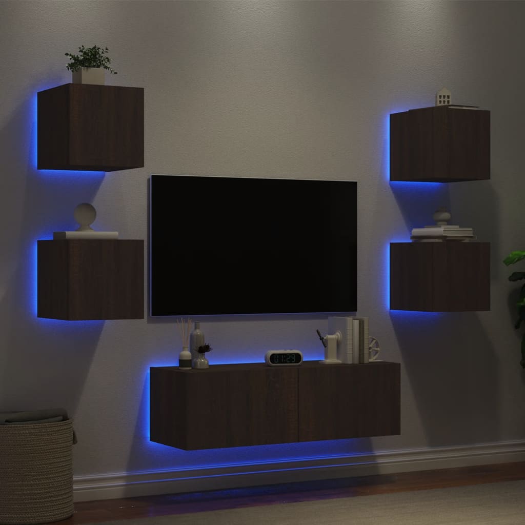 vidaXL 5 pcs móveis de parede para TV com luzes LED carvalho castanho
