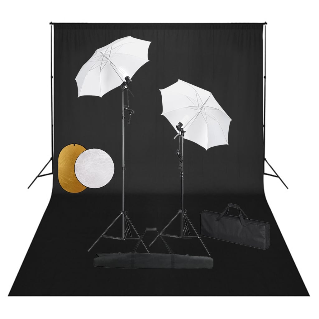 vidaXL Kit estúdio fotográfico com lâmpadas/sombrinhas/fundo/refletor