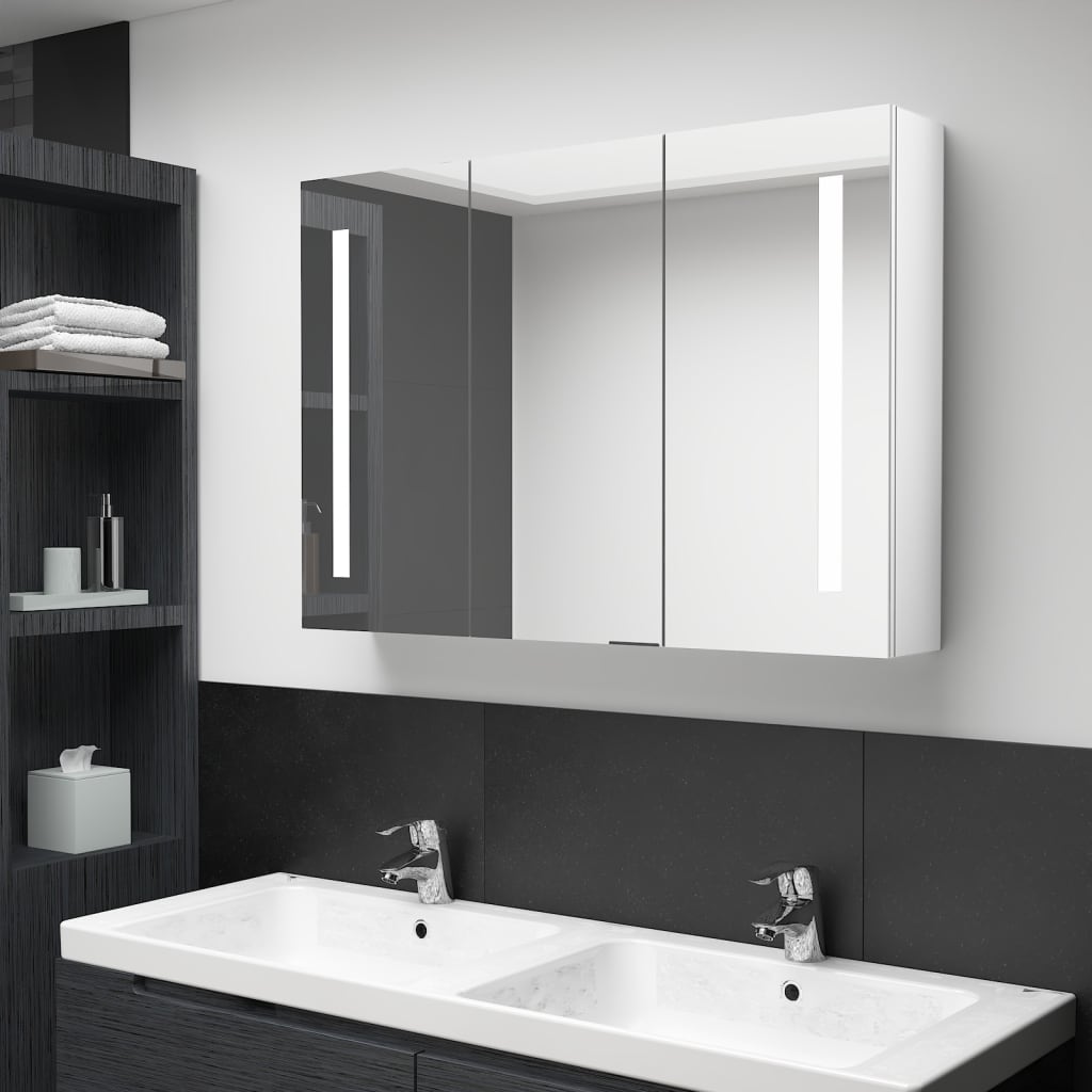 vidaXL Armário espelhado casa de banho LED 89x14x62cm branco brilhante