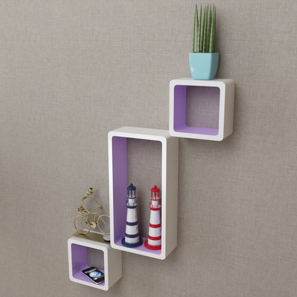 Conjunto 3 prateleiras/cubos de parede MDF branco-violeta