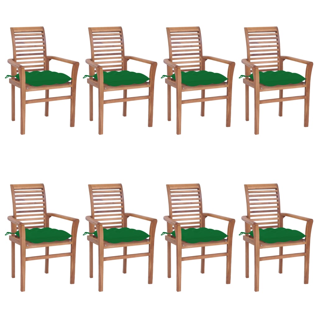 vidaXL Cadeiras de jantar 8 pcs c/ almofadões verdes teca maciça