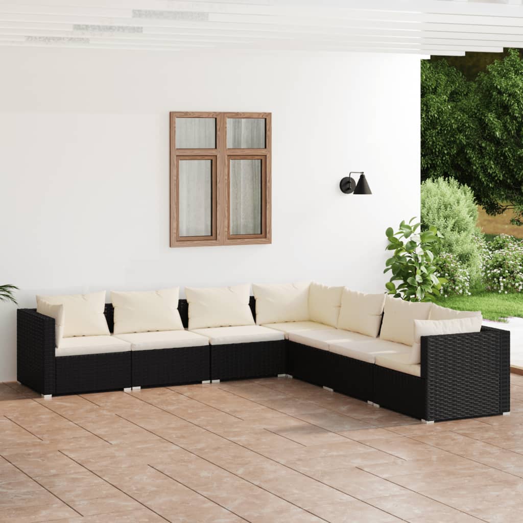 vidaXL 7 pcs conjunto lounge de jardim c/ almofadões vime PE preto