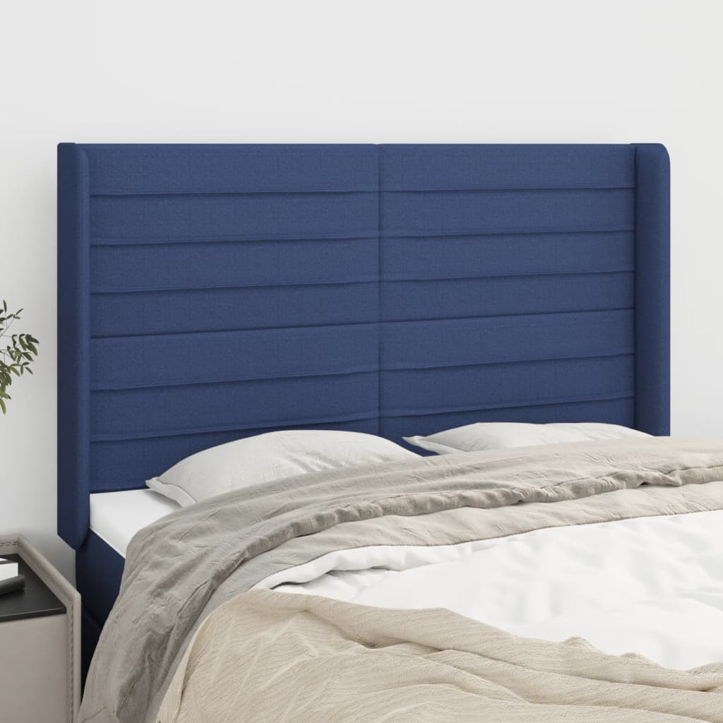 vidaXL Cabeceira de cama c/ abas tecido 147x16x118/128 cm azul