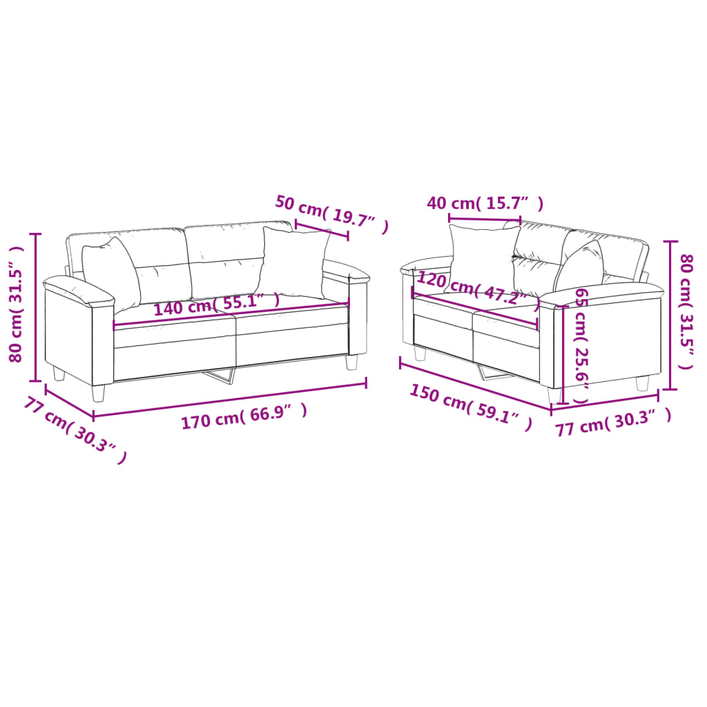 vidaXL 2 pcs conjunto sofás c/ almofadas tecido microfibra cor creme