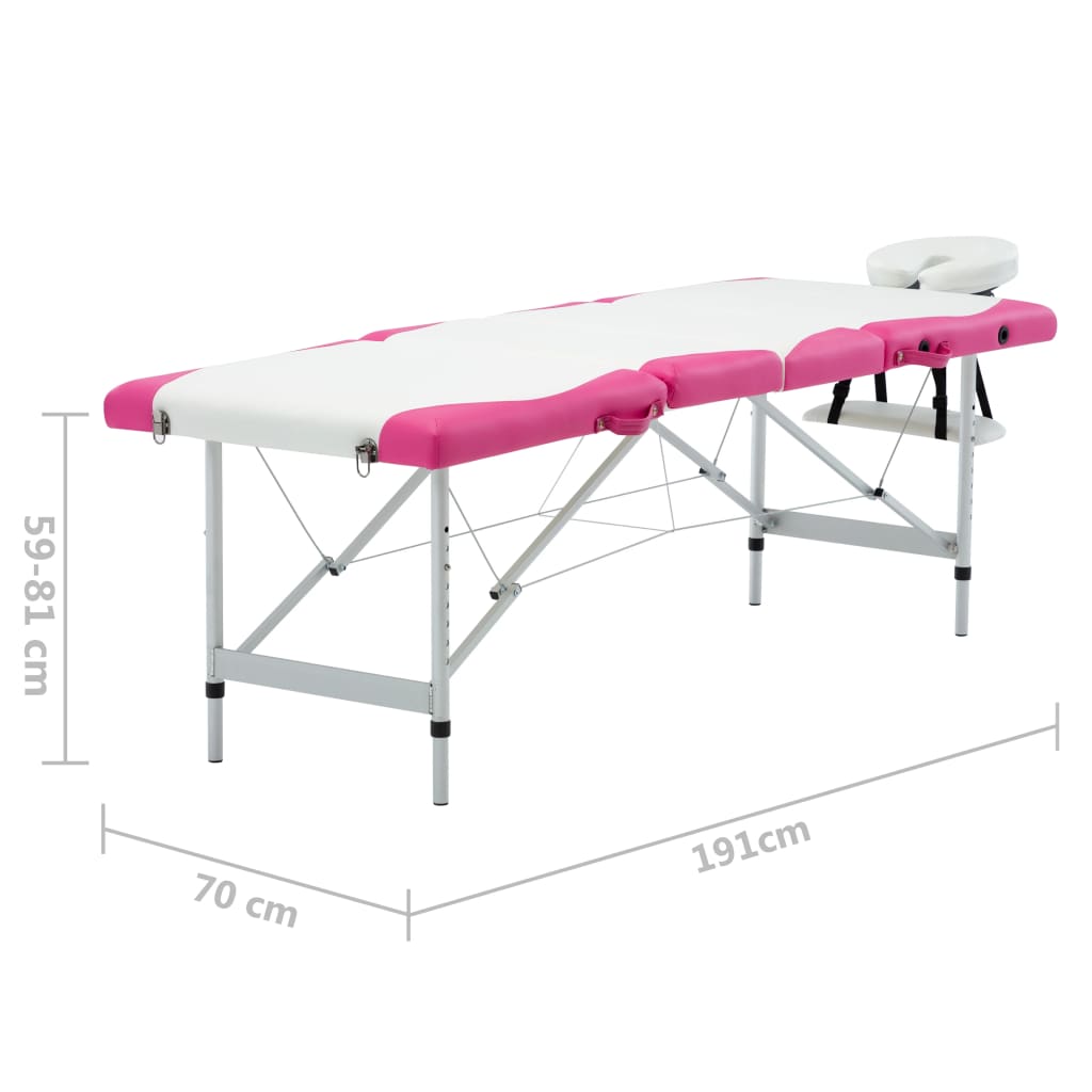 vidaXL Mesa de massagem dobrável 4 zonas alumínio branco e rosa