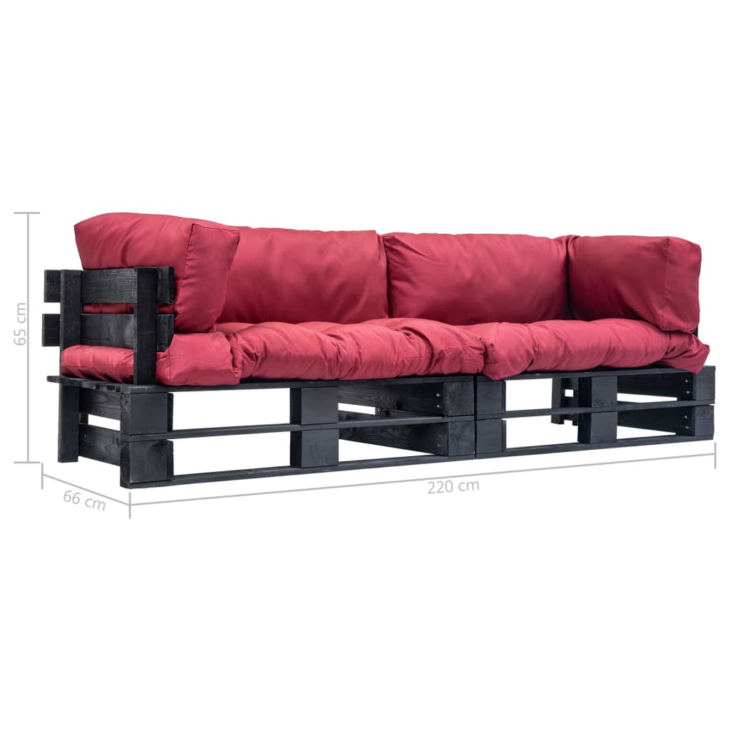 vidaXL Conj. sofá de paletes 2 pcs com almofadões vermelhos pinho