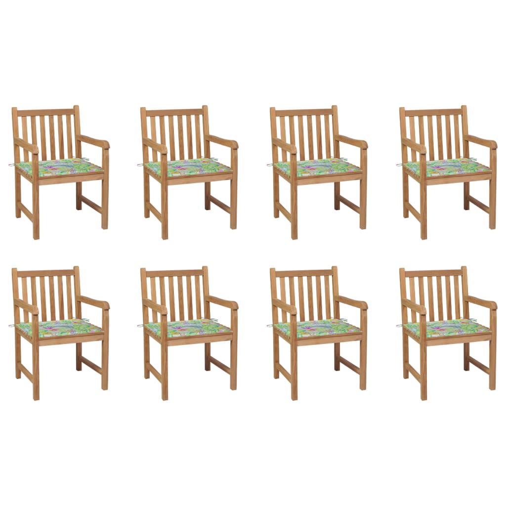vidaXL Cadeiras de jardim c/ almofadões padrão folha 8 pcs teca maciça