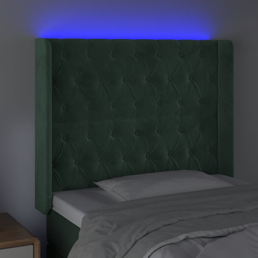 vidaXL Cabeceira cama c/ luzes LED veludo 93x16x118/128cm verde-escuro