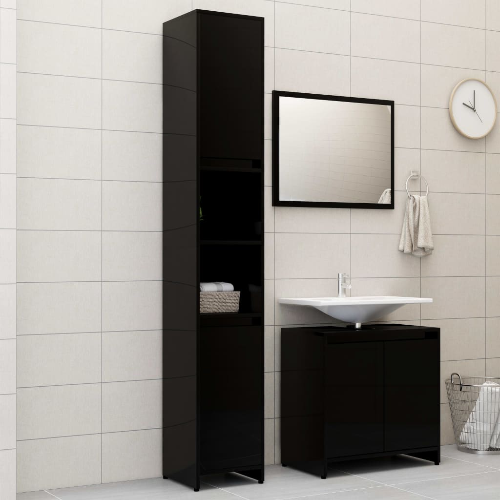 vidaXL 3 pcs conj. móveis casa de banho contraplacado preto brilhante