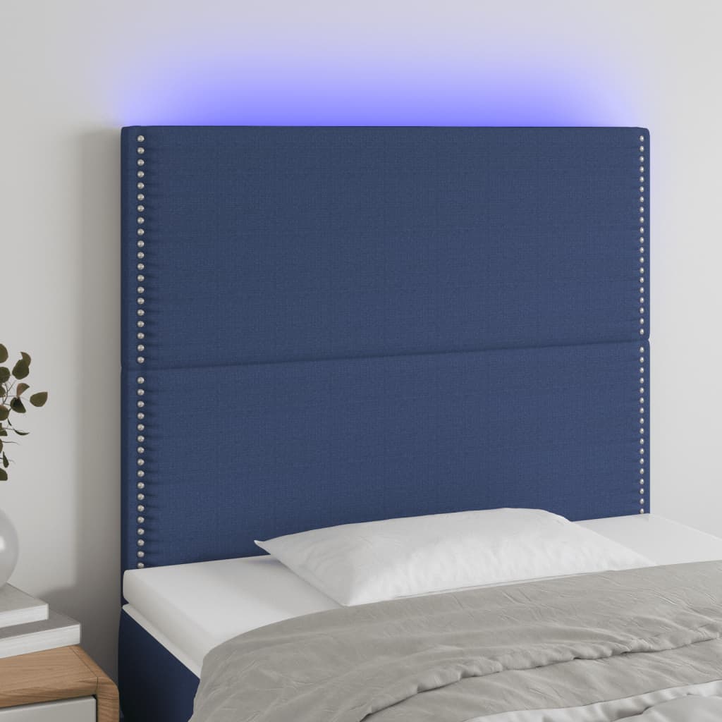 vidaXL Cabeceira de cama c/ LED tecido 90x5x118/128cm azul