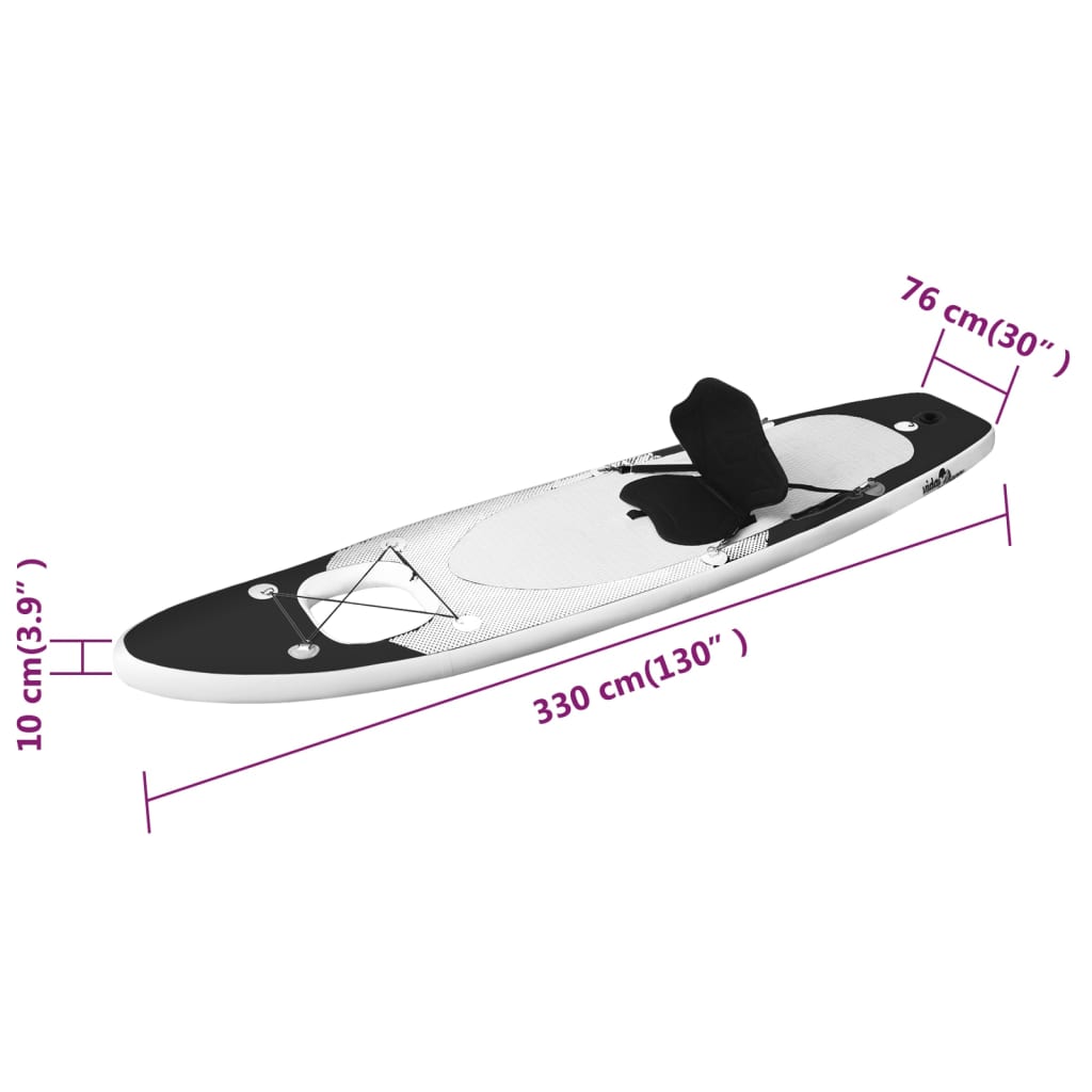 vidaXL Conjunto prancha de paddle SUP insuflável 330x76x10 cm preto