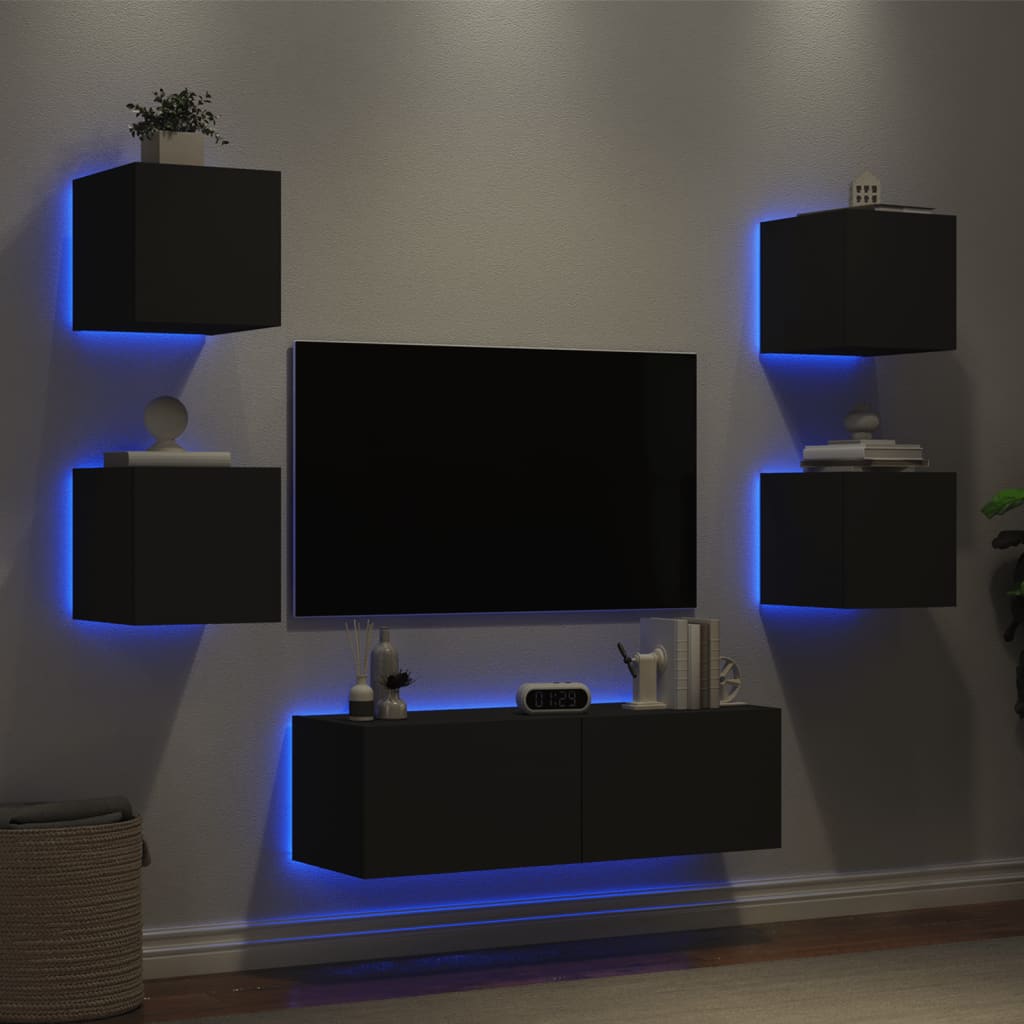 vidaXL 5 pcs móveis de parede para TV com luzes LED preto