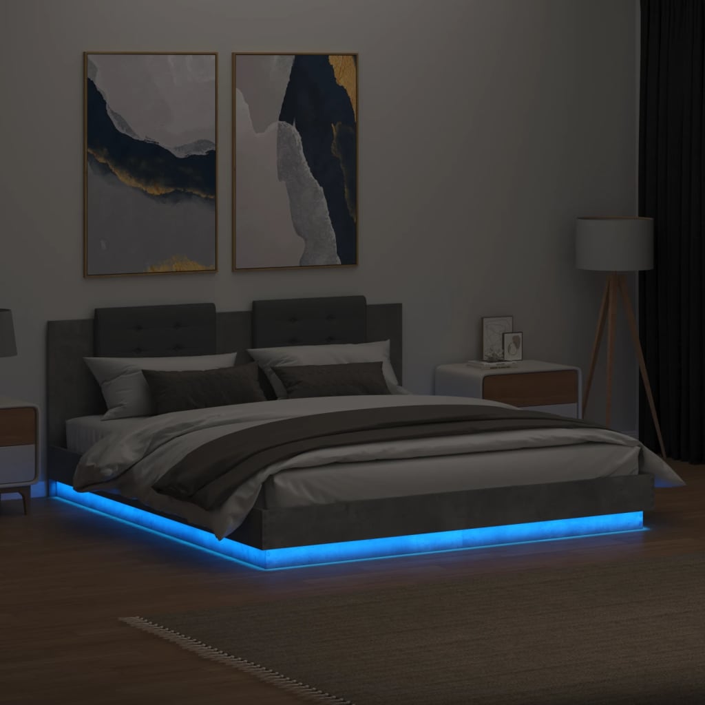 vidaXL Estrutura cama c/ cabeceira/luzes LED 160x200 cm cinza cimento