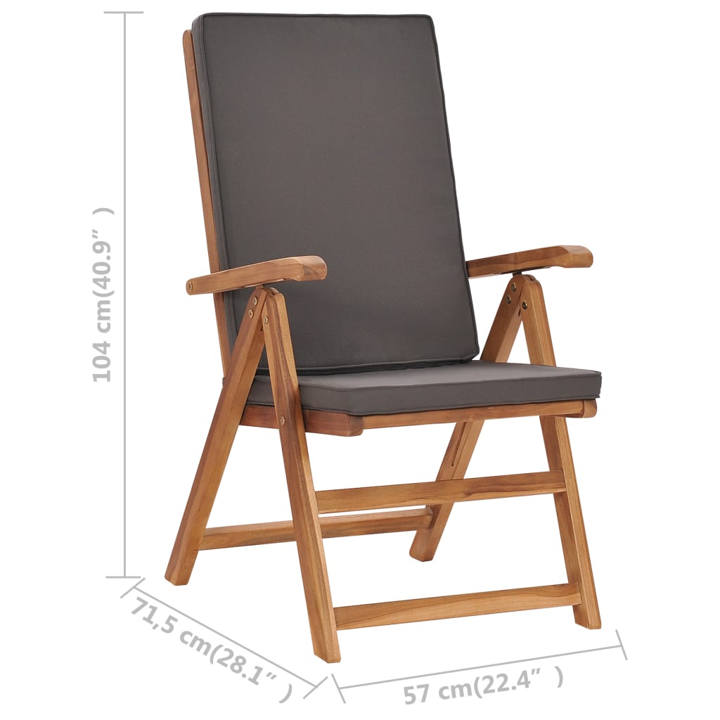 vidaXL Cadeiras jardim reclináveis + almofadões 2pcs teca maciça cinza